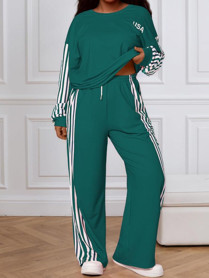 Women's 2 Piece Tracksuits Plus Size Lounge Set Contrast Striped Wide Leg Pants Travel Outfits (1X-Large Plus, Deep Green)
