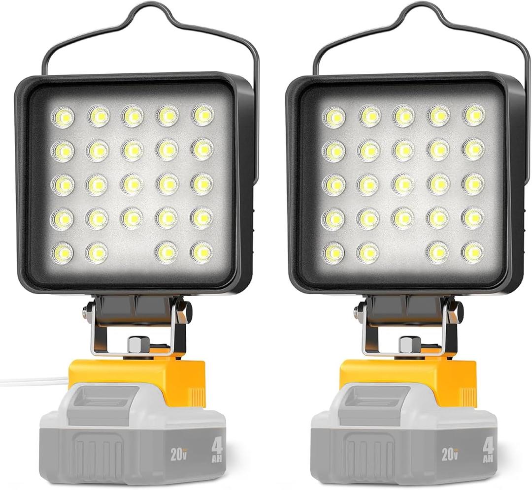 2 Pcs Cordless LED Work Light for Dewalt 20v Max Battery, 96W 10000LM Battery Light for Dewalt 20v Tools, Portable Outdoors Flood Lighting with USB & Type-C Charging Port, Low Voltage Protection