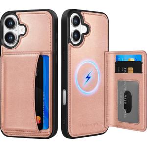 for iPhone 16 Wallet Case - Fits 4 Card Slots, Compatible with MagSafe for Women Aesthetic Durable PU Leather Credit Card Holder Kickstand Phone Cover for Apple 16, Rose Gold