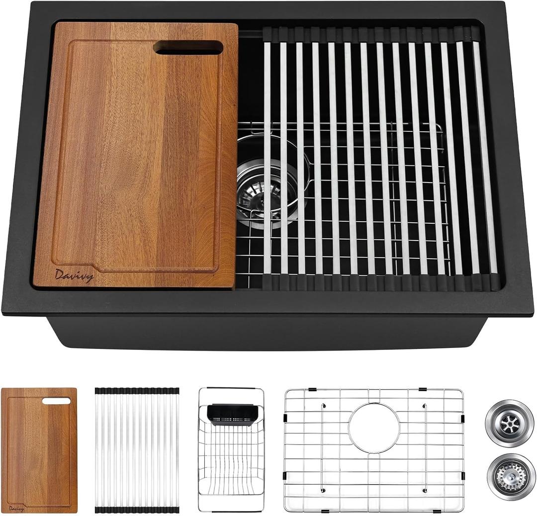 Davivy 24 Inch Black Granite Composite Kitchen Sink Workstation, 24 x 18 Black Undermount/Drop In Kitchen Sink, Deep Quartz Single Bowl with Accessories