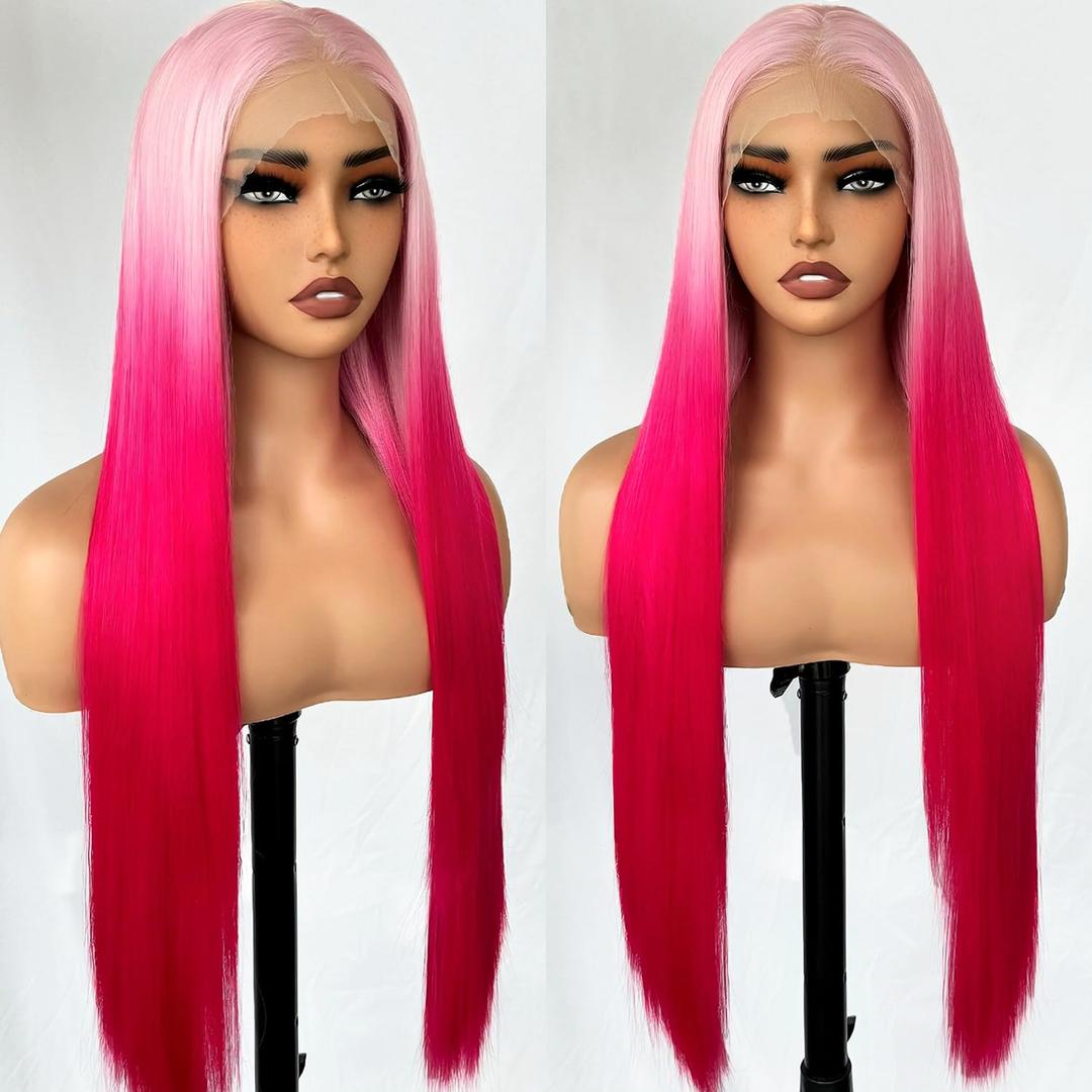 SOKU 13x6 Pink Lace Front Wigs Pre Plucked,32 Inch Long Straight Lace Frontal Wig with Baby Hair,Ombre Synthetic Wigs with Light Pink Roots,Free Part Glueless Silky Straight Wigs for Women
