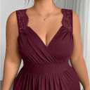 OYOANGLE Women's Plus Size Lace Trim Sleeveless Maxi Dress Wrap V Neck High Slit Formal Evening Dresses (Burgundy, XX-Large Plus)