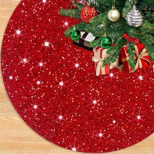 Red Christmas Tree Skirt Large 60 Inch Sequins Tree Skirt Christmas Glittery Velvet Xmas Tree Skirts Rustic Bling Tree Skirt Thick Tree Floor Mat for Holiday Party Christmas Day Ornaments (60 Inches, Red)