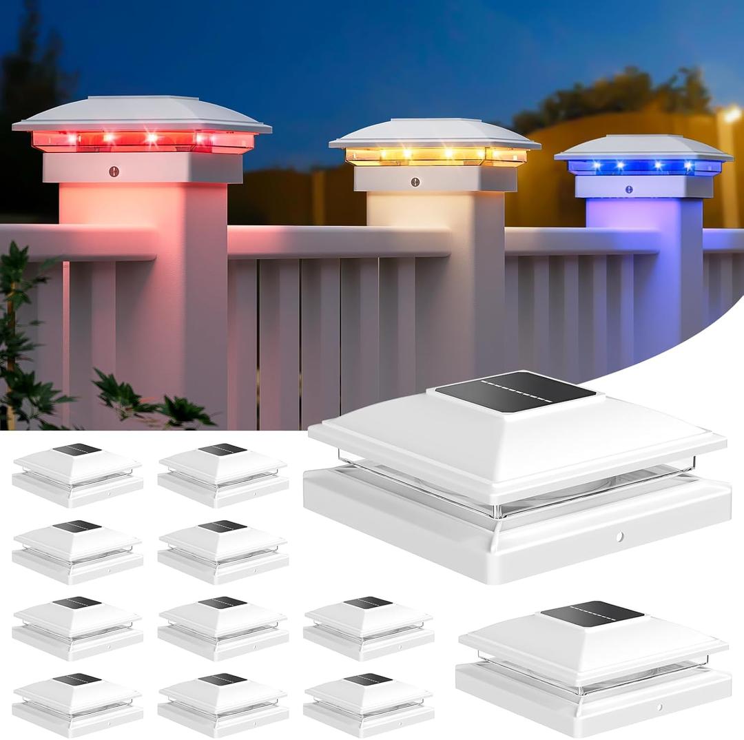 APONUO 12 Pack Solar Post Cap Lights Color Changing - RGB 8 Solid & Gradient Colors, IP65 Waterproof, for 4x4 5x5 6x6 Wood Vinyl Fences, Deck, Patio, Yard (White)
