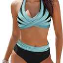AI'MAGE Women's High Waisted Bikini Sets Tummy Control Swimsuits 2025 Two Piece Bathing Suits Color Block Halter Swim Suits (Medium)