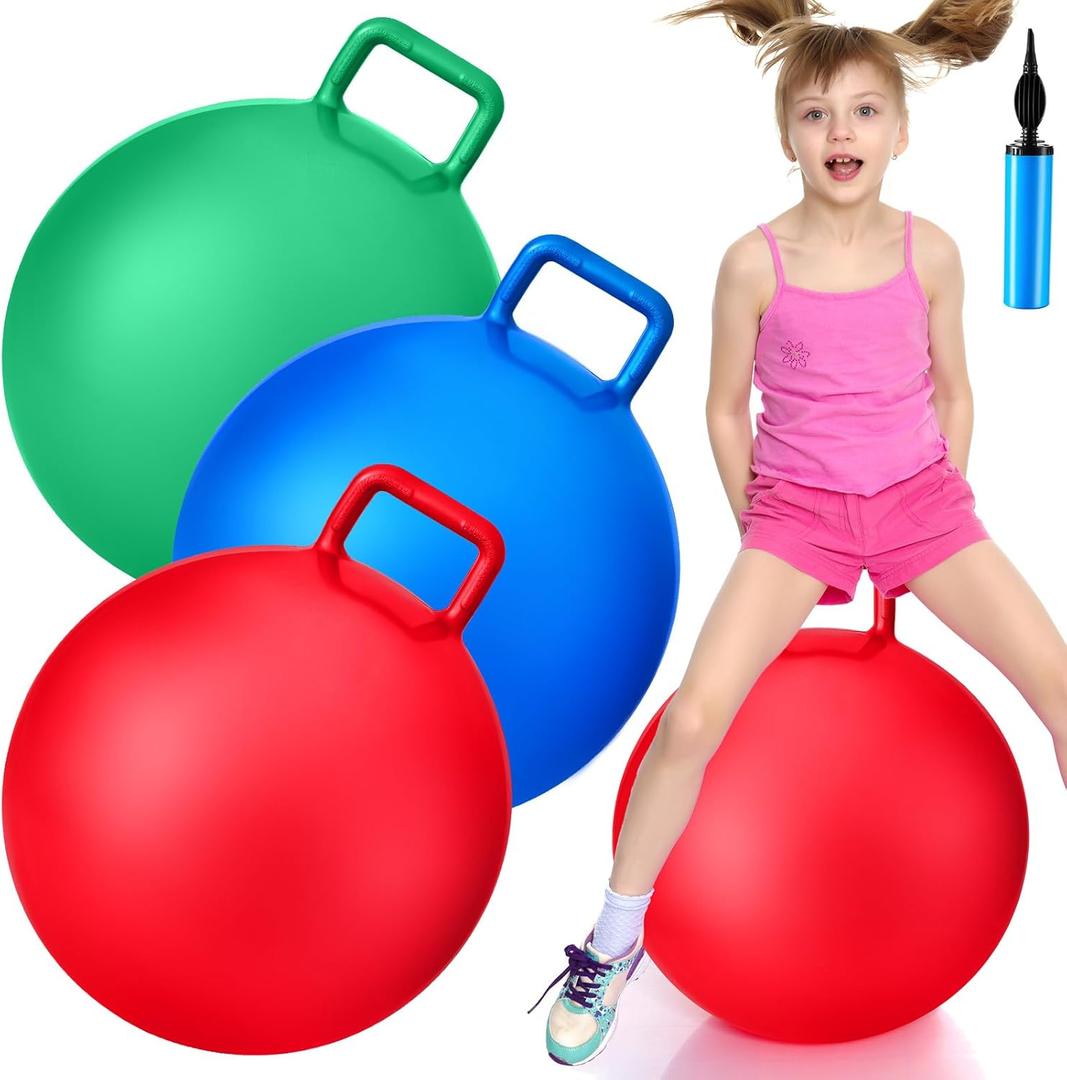 Lewtemi 3 Pcs 22 Inch Bouncing Ball with Handle, Outdoors Hopper Jumping Hopping Ball and Air Pump for Sports Exercise (Red, Blue, Green)