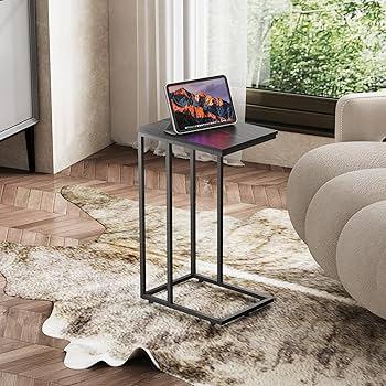 C-Shaped End Table, Modern Side Tables for Small Spaces, Large Surface Couch Table for Living Room, Bedroom, and Home Office, Black Metal Frame (Black)