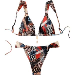 Women's 2 Piece Leopard Floral Bathing Suit Wireless Triangle Swimsuit High Waisted Bikini Sets (Medium, Multicolor)
