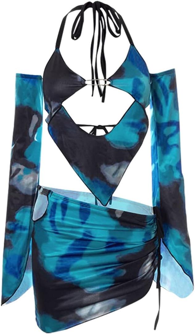 3 x CAPE CLIQUE Women Marble Print Halter Backless Dress Split Long Sleeves Sexy Slim Fit Mini Dress Cool-Street Skirt Suit Blue (Blue)