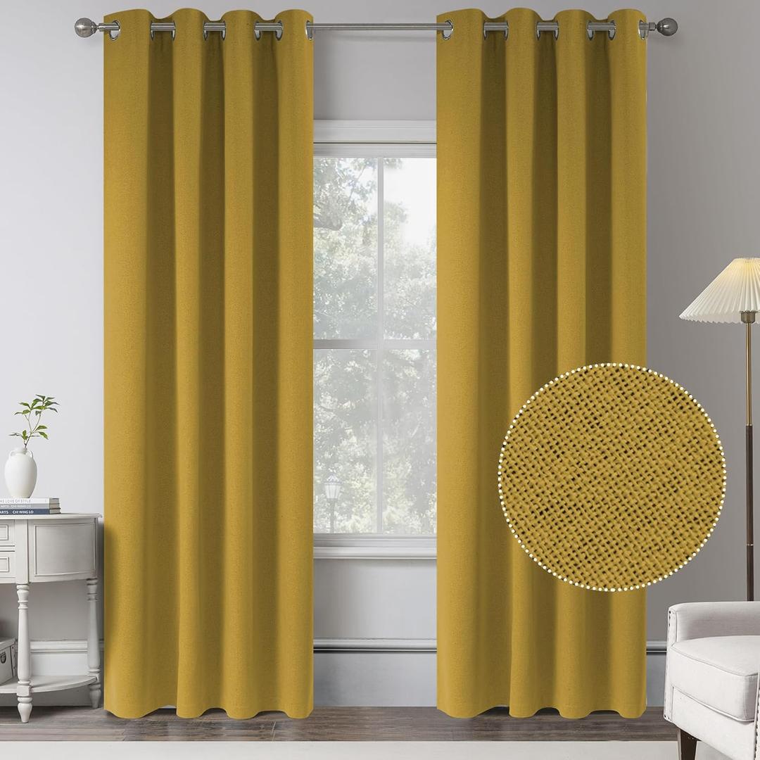 Gold Yellow 100% Blackout Linen Curtains,84 Inch Length 2 Panels Bedroom Curtains Blocking All Sun Light -Vintage Style Thermal Insulated Window Curtain Drapes for Living Room,W 52 x L 84 Inch (52"W x 84"L (Pack of 2))