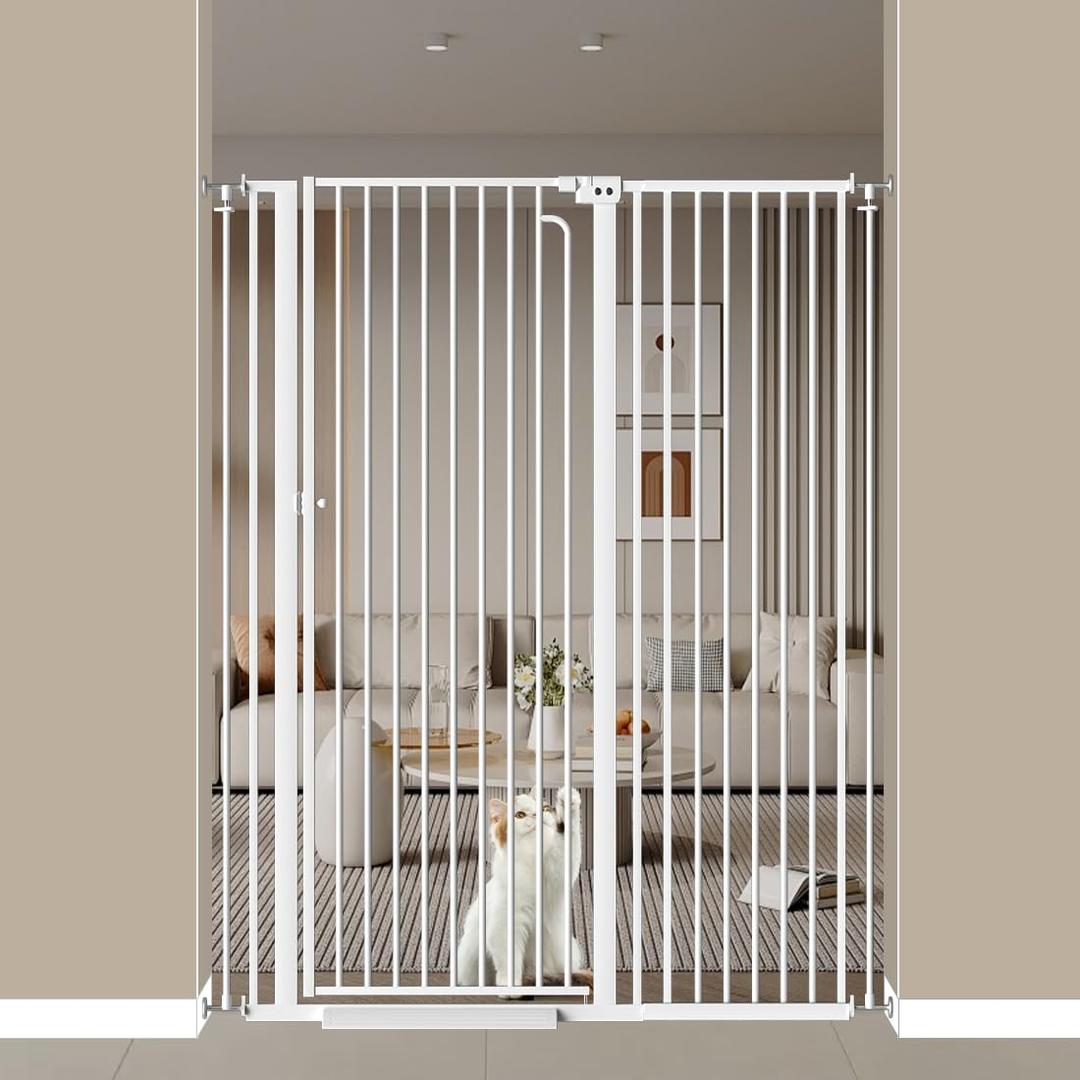 57" Extra Tall Cat Gate, 43.3"-48.0" Wide Pet Gate for Doorway, Pressure Mounted Tall Baby Gate with Door, Walk Through Dog Gate Indoor Stairs, Auto Close Cat Safety Gates, White