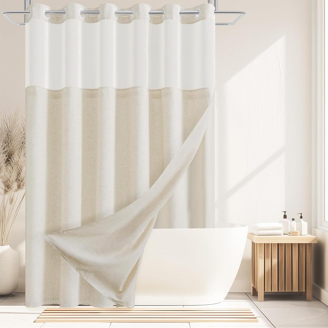 No Hooks Needed Linen Shower Curtain and Liner Set, Hotel Luxury Decor Shower Curtains for Bathroom with See Through Top Window,Water Resistant Fabric,72Wx72L,Natural Linen