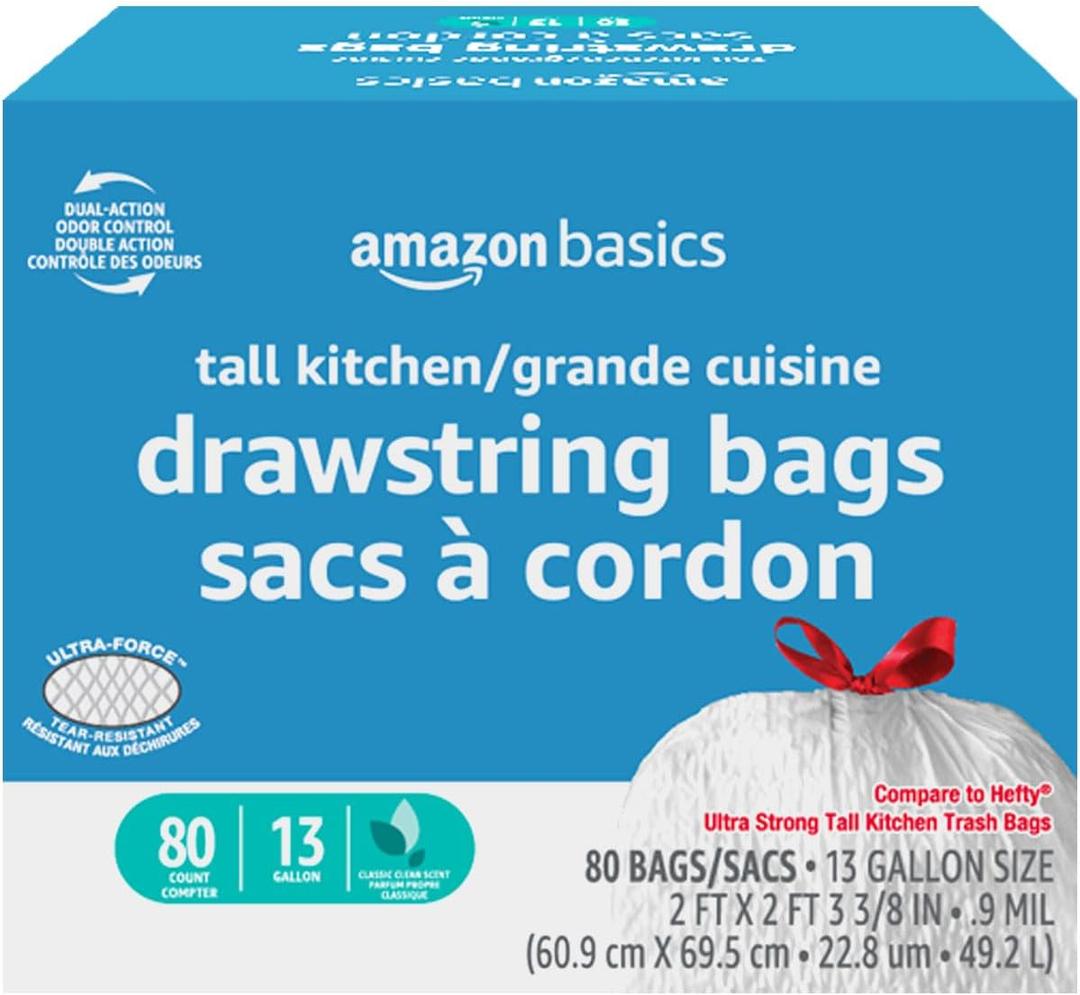 Amazon Basics Ultra-Force Tall Kitchen Drawstring Trash Bags, Classic Clean Scented, 13 Gallon, 80 Count with Odor Control, Classic Green