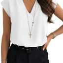 Lynwitkui Women's V Neck Chiffon Blouses Cap Sleeve Shirts Casual Loose Work Office Solid Tops (White, L)