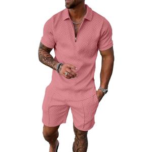 Mens Track Suits 2 Piece Summer Short Sets Outfits Fashion Polo Shirt Casual Short Sleeve and Shorts Set (Large, Pink)