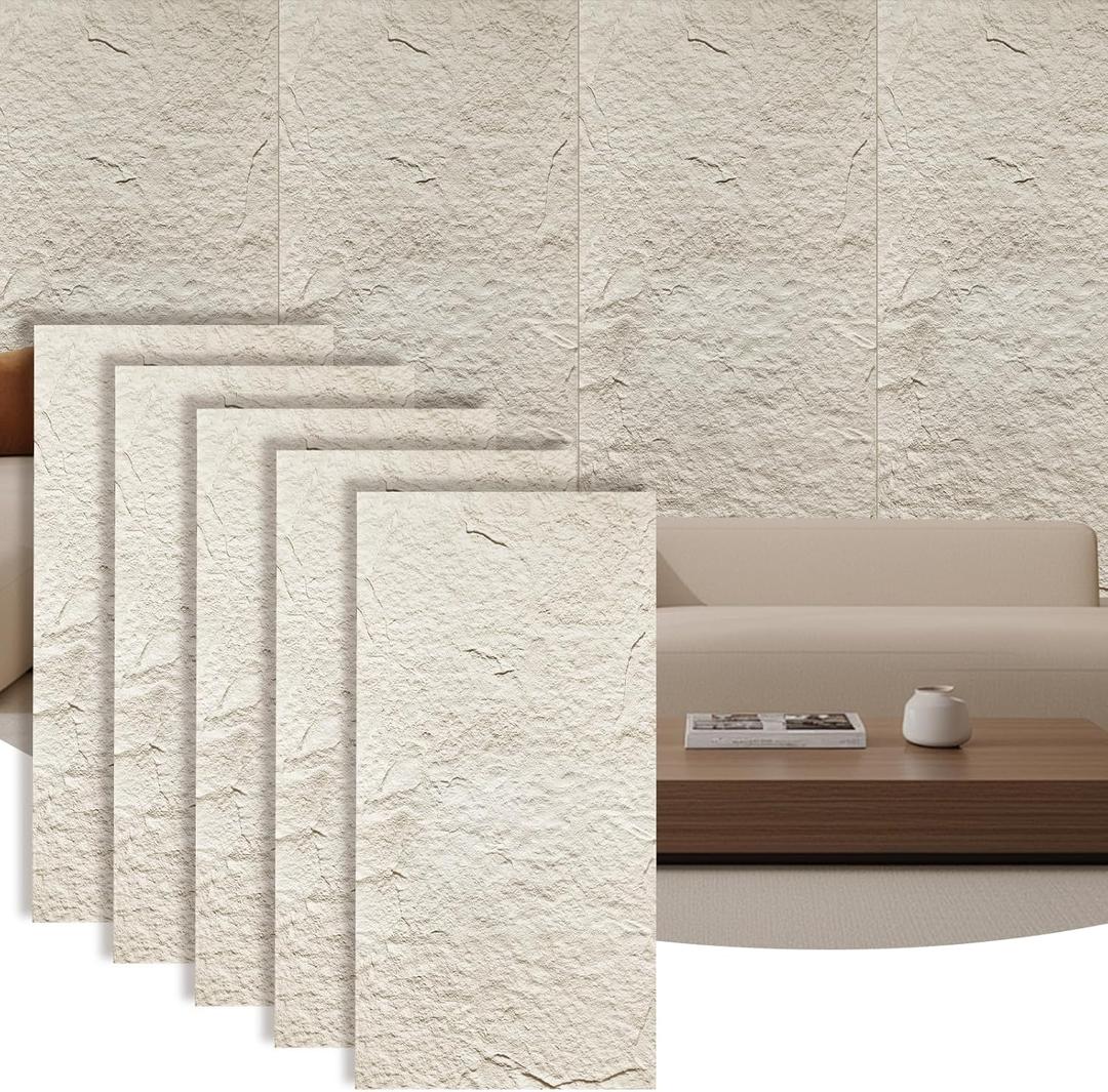 5-Pack 3D Faux Stone Wall Panels, PU Cement-Texture Wainscoting Panels for Interior Walls  Waterproof & Lightweight, Covers 38.7 Sq.Ft, 47.2" x 23.6", for TV Wall, Office, Living Room,White 5-Pack 3D Faux Stone Wall Panels, PU Cement-Texture Wainscoting Panels for Interior Walls  Waterproof & Lightweight, Covers 38.7 Sq.Ft, 47.2" x 23.6", for TV Wall, Office, Living Room,White