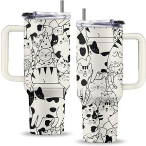 Cat Gifts for Lovers Mom Women, 40 Oz Cat Tumbler with Handle & Straw, Cats Themed Insulated Travel Coffee Mugs, Thanksgiving Christmas Birthday Gift for Animal Lover, Kitty Cup, 1 PCS