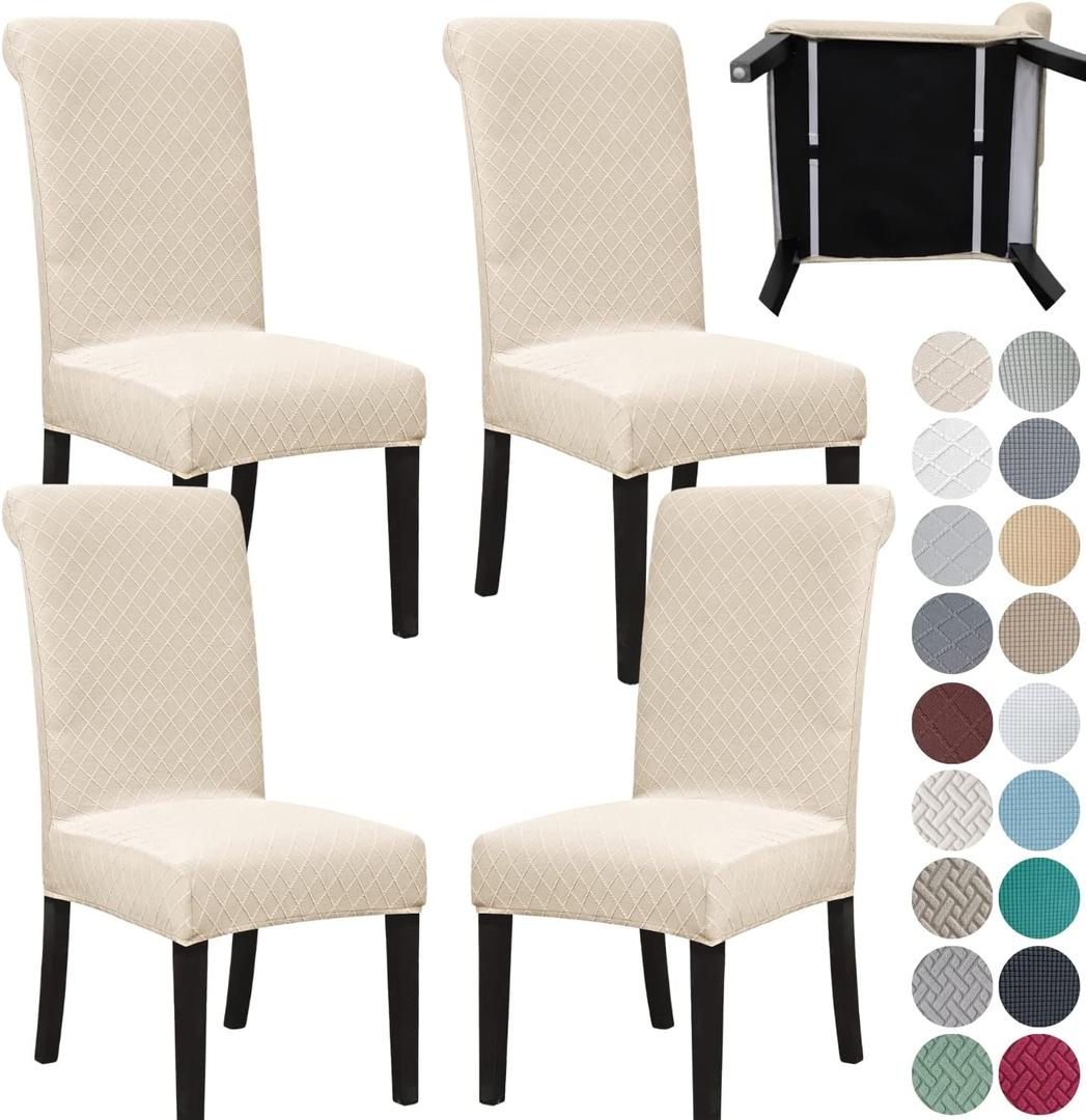 SPRINGRICO 4 Pack Dining Room Chair Covers with seat Belt, Stretch Parsons Chair Slipcover Washable Kitchen Dining Chair Cover Removable Seat Protector Set of 4, S2- Beige