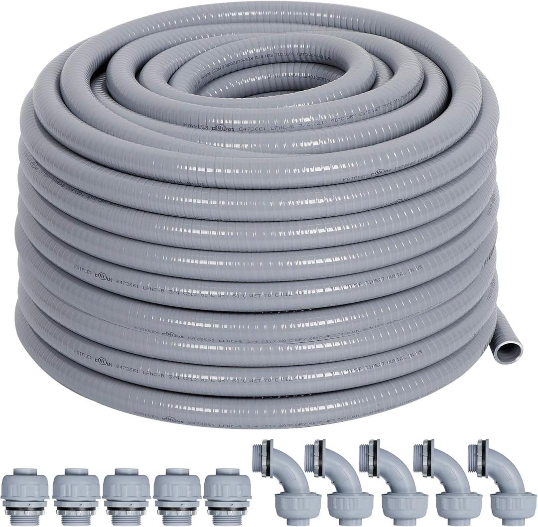 Liquid-Tight Conduit 3/4 50ft, Electrical Conduit w/UL Certification, Flexible Conduit with 5 Straight and 5 90-Degree Conduit Connector Fittings