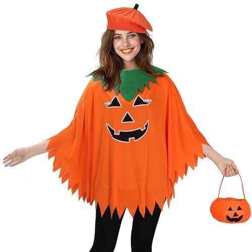 Ibeauti 3pcs Halloween Pumpkin Costume for Women Adult, Glow in the Dark Pumpkin Poncho with Beret and Candy Bag