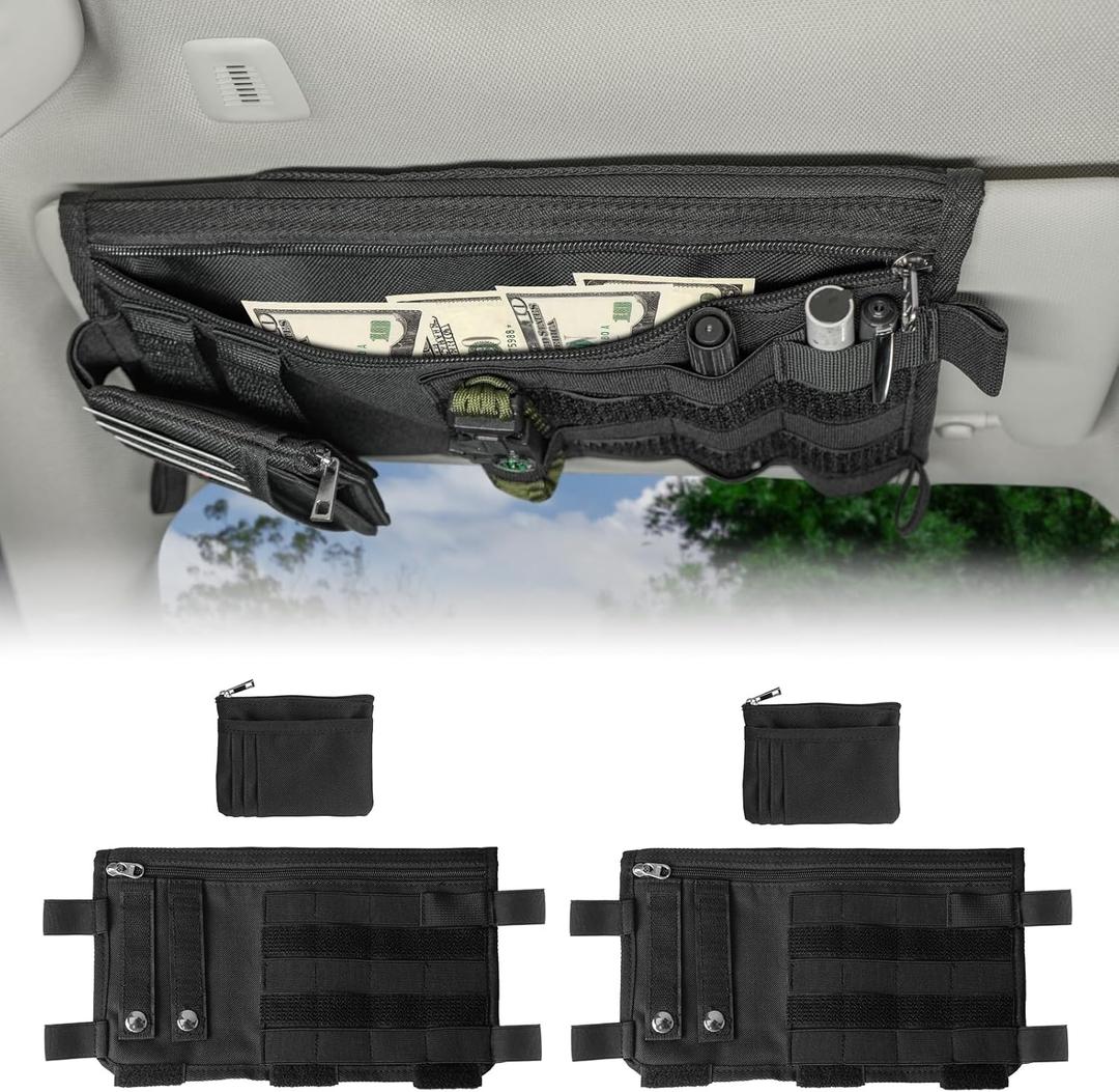 Car Sun Visor Organizer, Double Sided Visor Organzier with Card Pouch for Cars, Trucks, Vans, Multi-Functional Sunglass Holder, Tactical MOLLE Accessories, 2-Pack