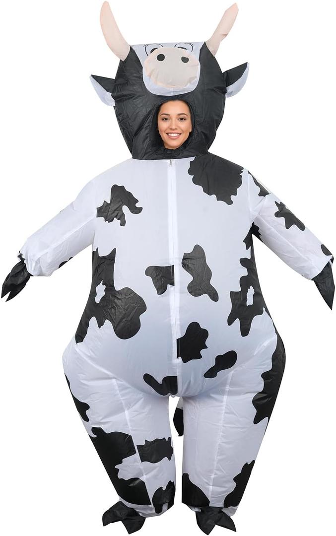 Cow Costume Adult,Inflatable Cow Costume,Milk Cow Blow Up Suit Funny Costume for Halloween Party (White)