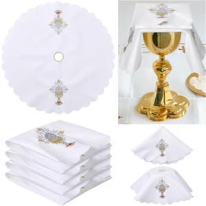 4 Pcs 17.7 Inch Altar Cloth Chalice Pall Veil Catholic Altar Supplies White Round Churches Set with Gold Cross Chalice Embroidery for Priest Church Gatherings Baptism Ceremonies