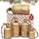 Akatva Large Brass Cow Bells for Rustic Christmas Decor - Set of 5 Vintage Gold Bells on Rope