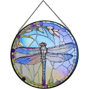 12 Inch Stained Glass Window Hanging, Large Dragonfly Suncatcher, Stained Glass Window Suncatcher, Dragonfly Home Wall Art Decor for Indoor/Outdoor, Hand Colorful Panel Sun Catcher, Gift for Mom