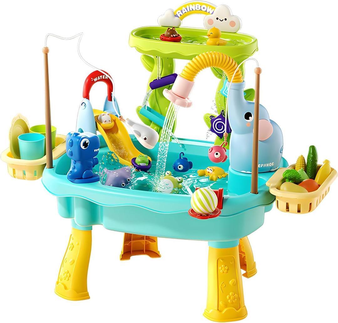 2027 Upgraded 4-in-1 Sand Water Table for Toddlers 1-3, Kids Sensory Table with Electric Water Pump & Elephant Faucet, Play Kitchen Sink with Food Accessories, Fishing Toy (Blue)