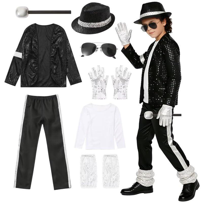VIIOMUYE 8 Pcs Boys Halloween Costume Set with Accessories, 80s 90s Retro Dance Disco Outfit for Kids Stage Cosplay,