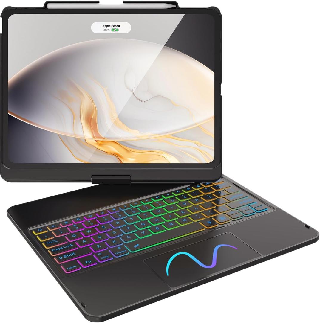 FUWANG Touch Keyboard Case for iPad Air 13 inch (M3 2025/M2 2024)and iPad Pro 12.9 6th 5th 4th 3rd Gen, 360 Swivel 7 Colors Backlit for iPad Air 13 inch Case Keyboard with Multi-Touch Trackpad, Black