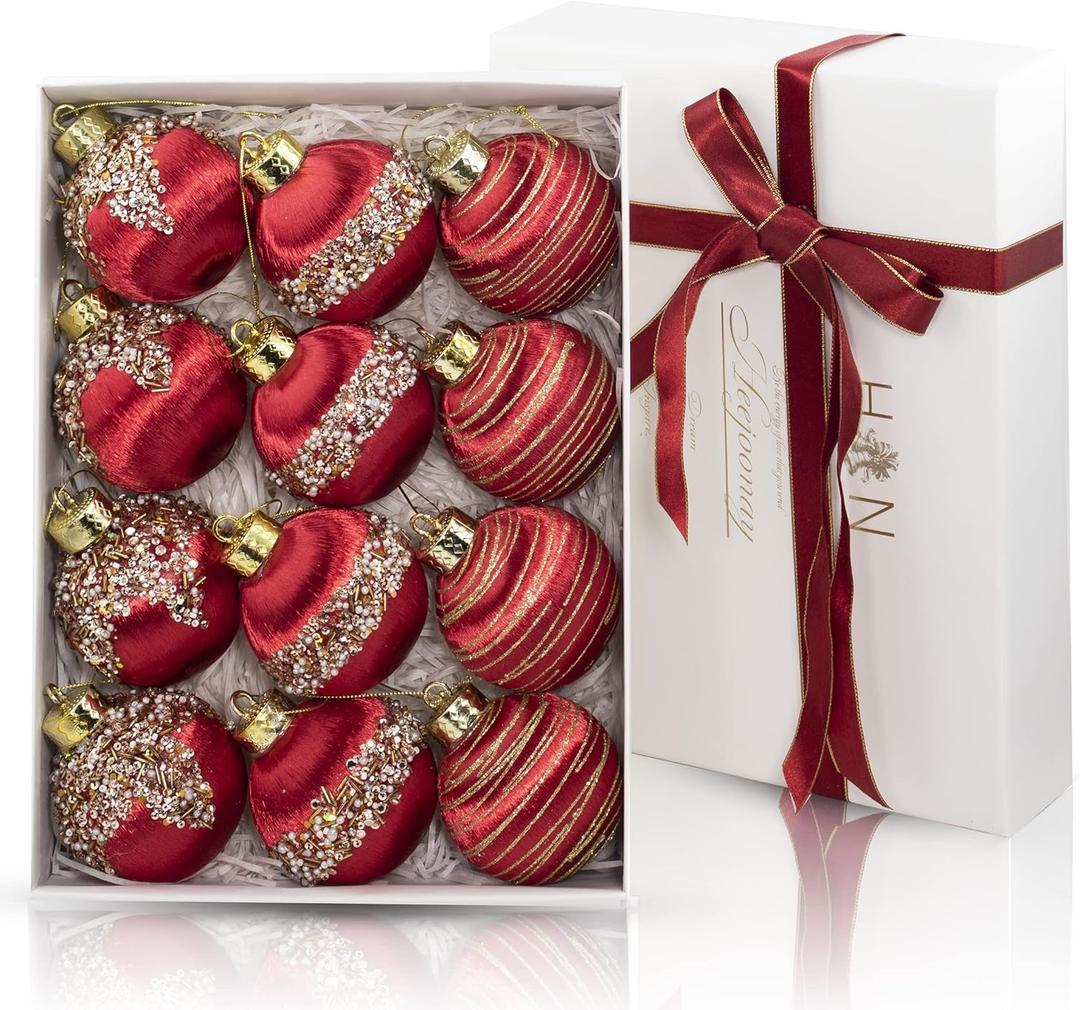 Satin Christmas Balls Ornaments, Silk Christmas Hanging Ball Decorations, 12Pcs 3.15" Luxury Vintage Christmas Tree Decor for Xmas Holiday Wedding Party, Package (RED)