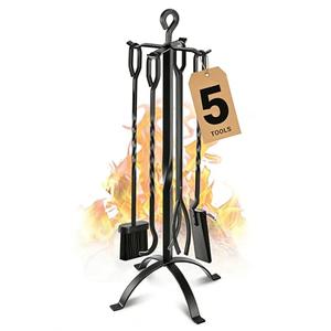 Gtongoko Fireplace Tools Set 5 Pieces 32 Inch Modern Black Wrought Iron Large Fire Tool Set for Outdoor/Indoor Include Chimney Poker, Tongs, Shovel, Brush and Stand Accessories Set