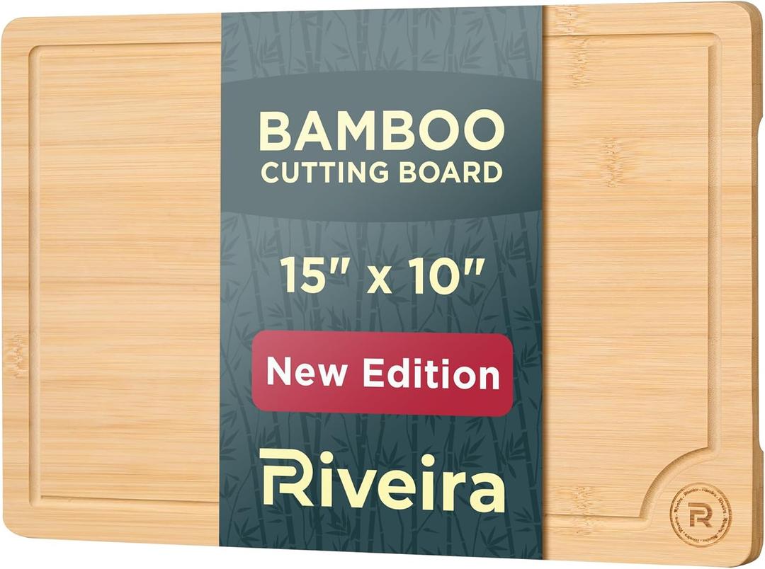 Riveira Wood Cutting Board  Gourmet Bamboo Grandeur: 15 x 10 Inches Wooden Cutting Boards For Kitchen  Natural Cutting Boards For Kitchen  Innovative Juice Grooves Non Toxic Cutting Board