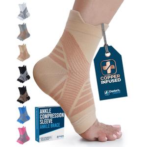 2 x Doctor's Select Copper Ankle Compression Sleeve - Toeless Compression Socks, Copper Ankle Brace for Women, Ankle Support for Men, Compression Socks for Plantar Fasciitis, Beige (Large, Beige - 1 Pair)