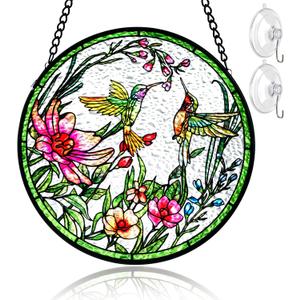 Remiawy Stained Glass Window Hanging Hummingbird Window Suncatcher 6 Inch Glass Panel with Metal Chain and Hooks Sun Catchers Indoor Wall Art Home Decor Gift for Bird Lovers Women Mother's Day