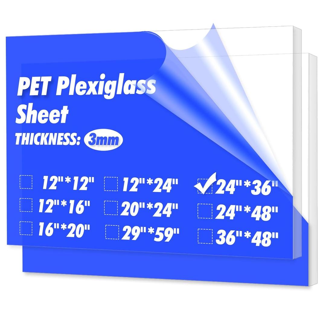 Art3d (2 Pack) 1/8" Thick Plexiglass Sheets - 36" x 24" PET Clear Sheets for Art DesignCraft Projects, Signs, DIY in Home, Wedding, Festival, Party, Office