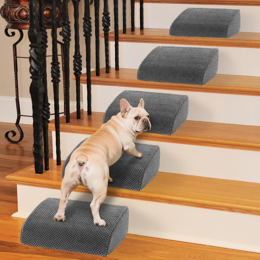 40D Dog Ramp for Stairs for Small & Senior Dogs and Cats Non-Slip Stair Ramp for Dogs with Gentle Slope, Pet Ramp with Washable Cover & Self-Sticky Pads for Safe Climbing Easy Install(Grey, 5 Pack)