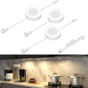 WOBANE Hardwired Under Cabinet Lights,Linkable LED Puck Lighting with Switch,DIY Under Counter Light for Kitchen,Showcase,Bookcase,Recessed&Wall Plug in,Natural White 4000K,120V,Set of 3