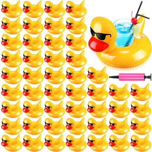 Deekin 50 Pcs Inflatable Duck Drink Floats Reusable Cute Pool Drink Holders Set Lightweight Inflatable Float Cup Coasters with a Pump for Summer Pool Party Hot Tubs Lakes Oceans for Adults