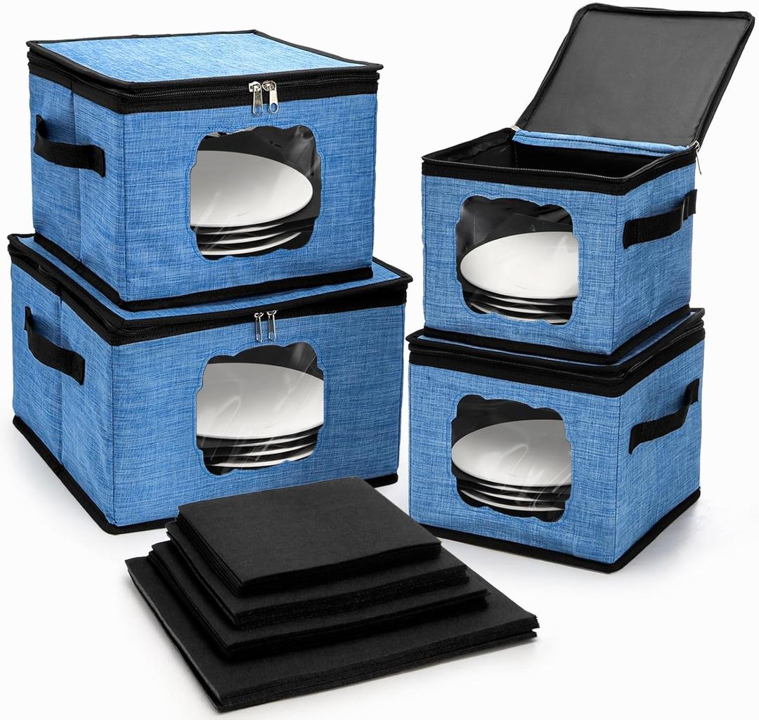 4 Size China Storage Containers, Hard Shell Quilted Plates Moving Case with Handle Window, Heavy Duty Stackable Dish Organizer for Dinnerware, Glasses, Including 48 Pieces Felt Divider