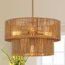 17.8" Boho Rattan Chandelier Light Fixture 4-Light Hand-Woven Bamboo Vintage Farmhouse Chandelier Drum Wicker Golden Chandeliers for Dining Room, Kitchen Island, Bedroom, Foyer