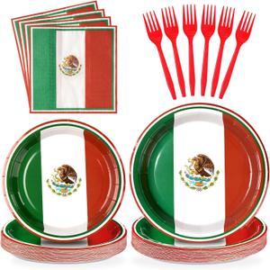 Grencian 96Pcs Mexico Flag Birthday Party Supplies Mexican Flag Party Plates Nappkins Forks for Mexican Birthday Party Mexican Independence Day Decorations, Serves 24