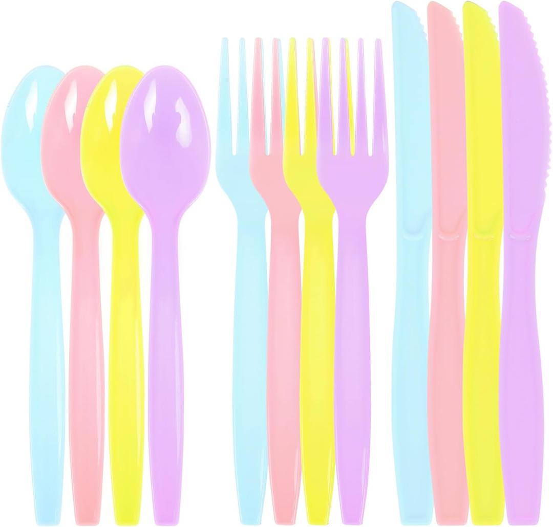 180 Pieces Pastel Plastic Silverware Heavy Duty Plastic Cutlery Set Heavyweight Disposable Utensils Includes Spoons Forks Knives for Birthday Wedding Party Dinner, Macaron Colors
