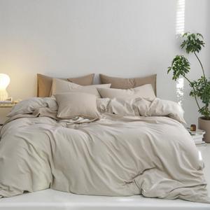 MooMee Twin Duvet Cover Set, 100% Washed Cotton Linen Like Twill Thick Sturdy Material Super Soft Breathable Durable Bedding for All Season, 2 Pieces (Cream Grey, Twin 68"x90")