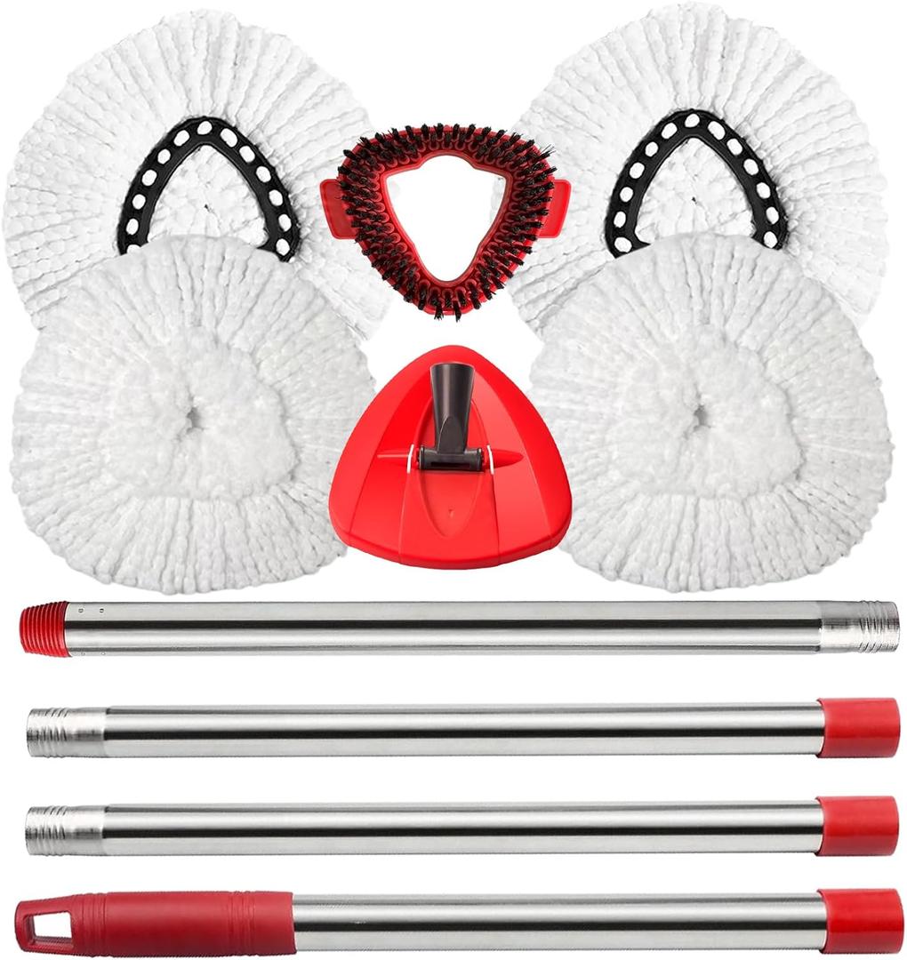 Spin Mop Replacement Head Mop Replace Head Compatible with O Cedar EasyWring Spin Mop - 4 O-Ceda Mop Refills30-58in Mop Handle and 1 Mop Base and 1 Mop Base Scrub Brush Combo Set (White)