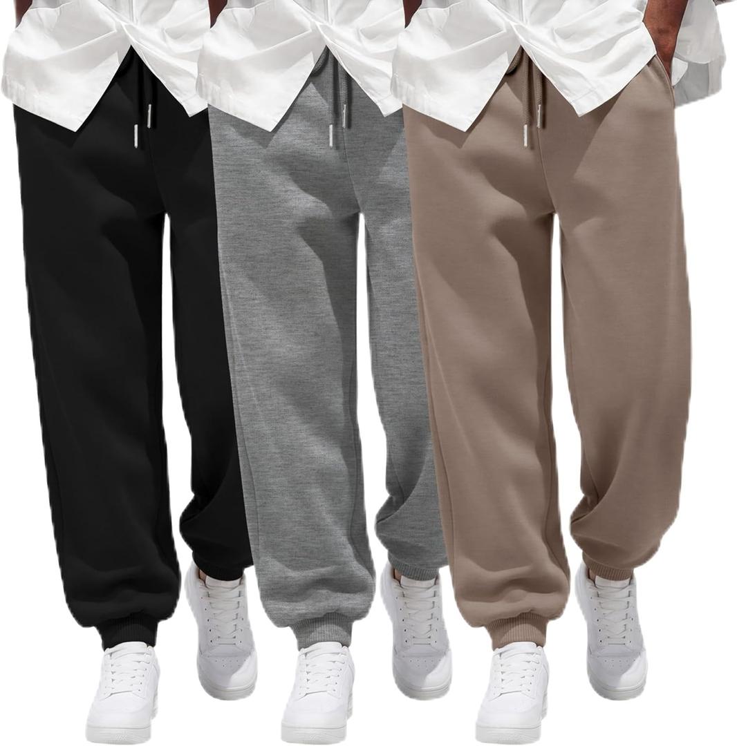 August Alley 3 Pack Mens Big and Tall Sweatpants Athletic Plus Size Joggers Lounge Drawstring Elastic Bottom Pant with Pocket (6X-Large, Black, Light Mixed Gray, Khaki)