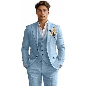 Linen Mens Suits 3 Piece Slim Fit Tuxedo Suit for Men Beach Wedding Formal Business Suit Groom Prom Set Outfits (XX-Large, Blue)