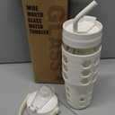 MUKOKO 32 oz Glass Tumbler with Straw, Glass Water Bottles with Time Marker, Iced Coffee Cup with 2 Lids-Handle Spout Lid & Straw Lid, Silicone Sleeve,Leakproof,1 Pack-White